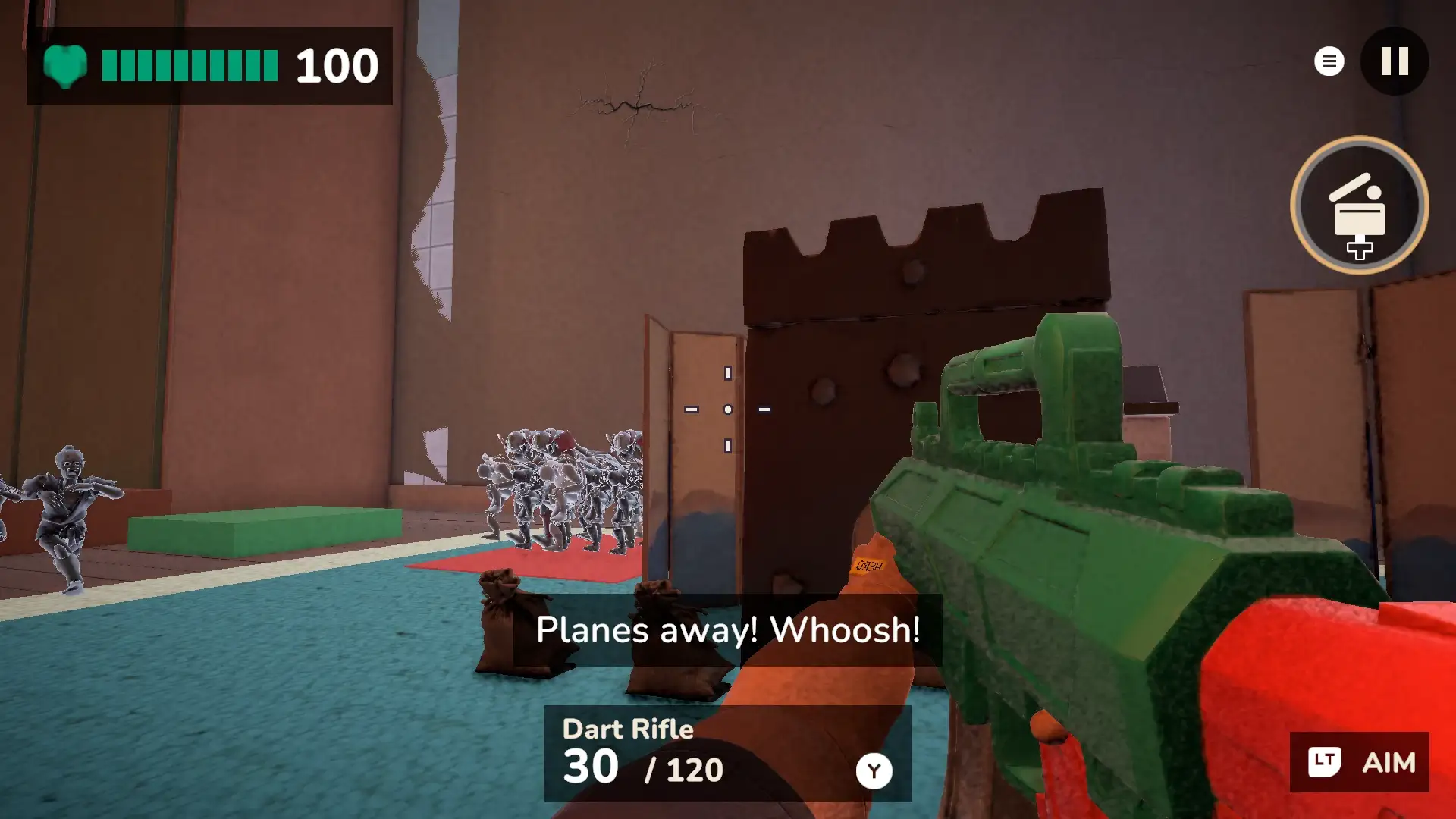 Zombie figures march past a block castle as the subtitle says “Planes away! Whoosh!”.