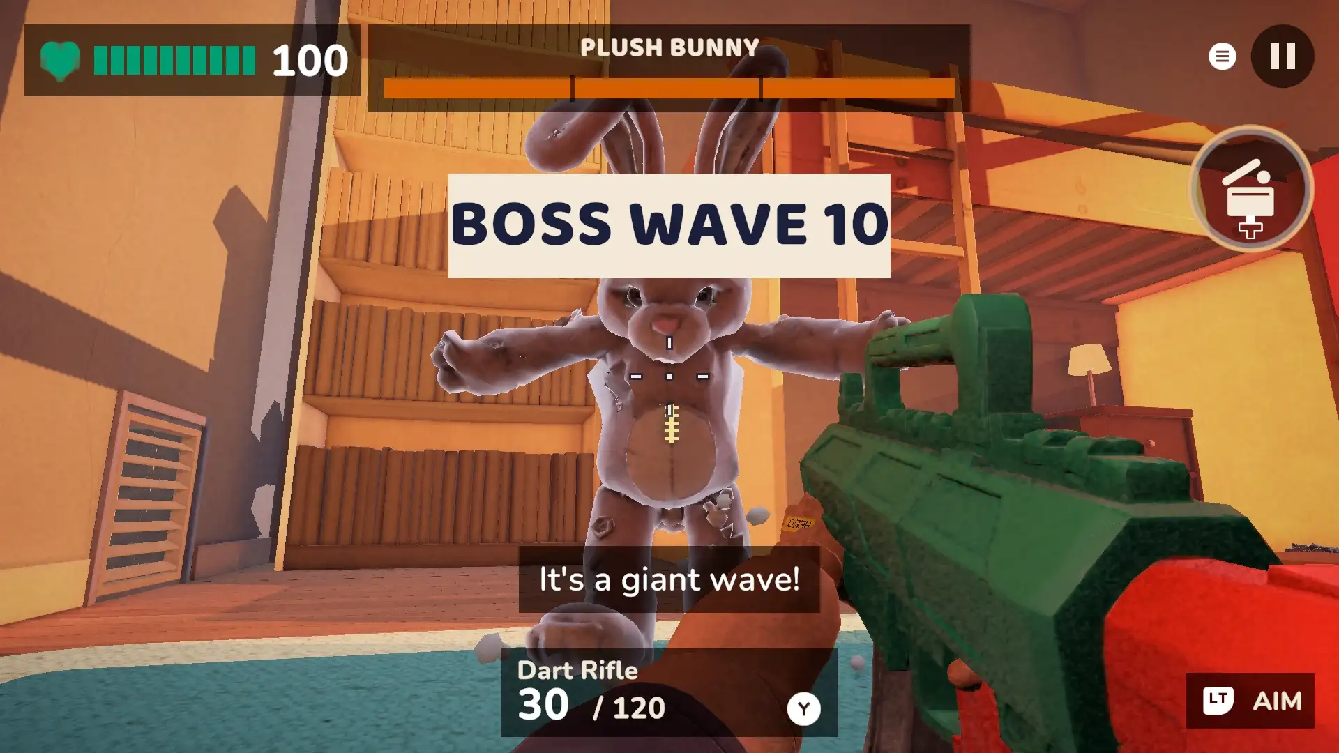 Boss wave 10: Plush Bunny looms over the bedroom while the player aims a dart rifle, with the subtitle “It's a giant wave!”.