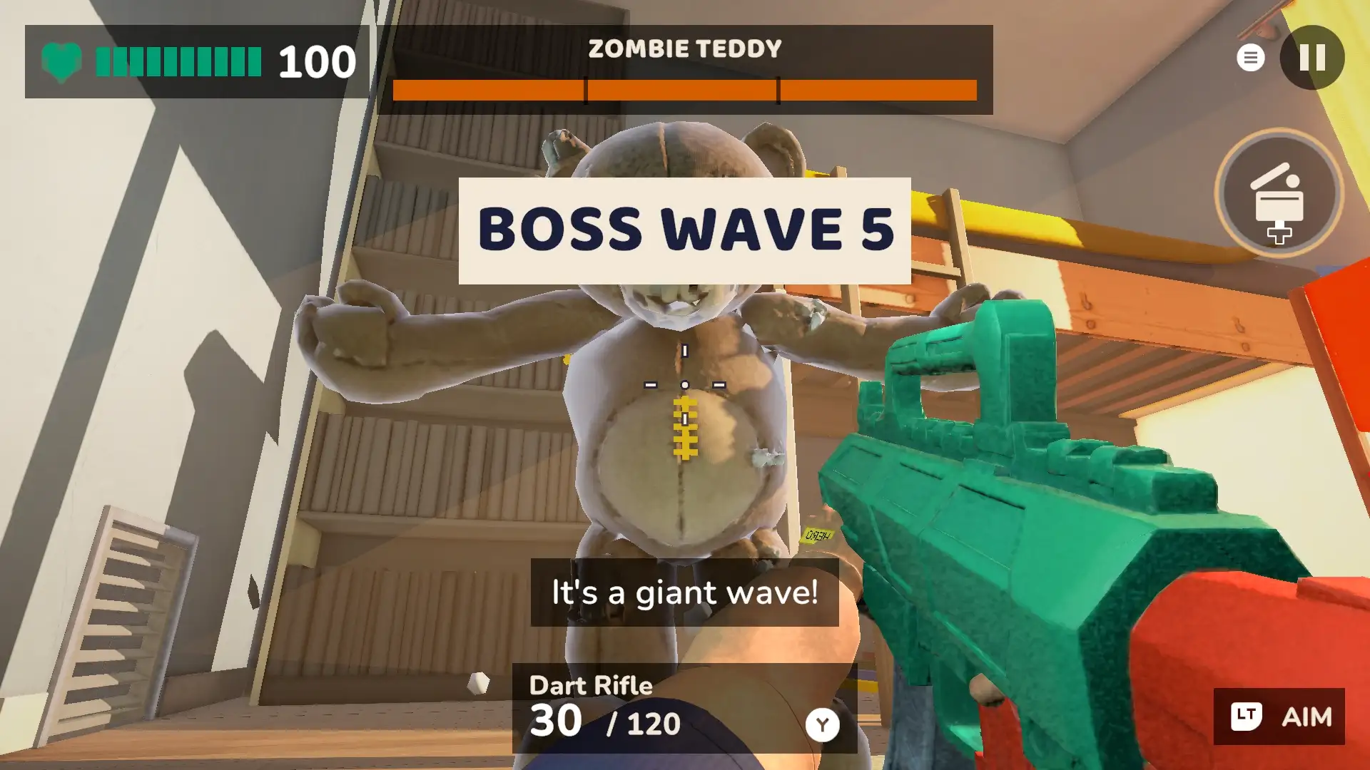 Boss wave 5: Zombie Teddy, a giant plush bear, towers over the bedroom, with the subtitle “It's a giant wave!”.