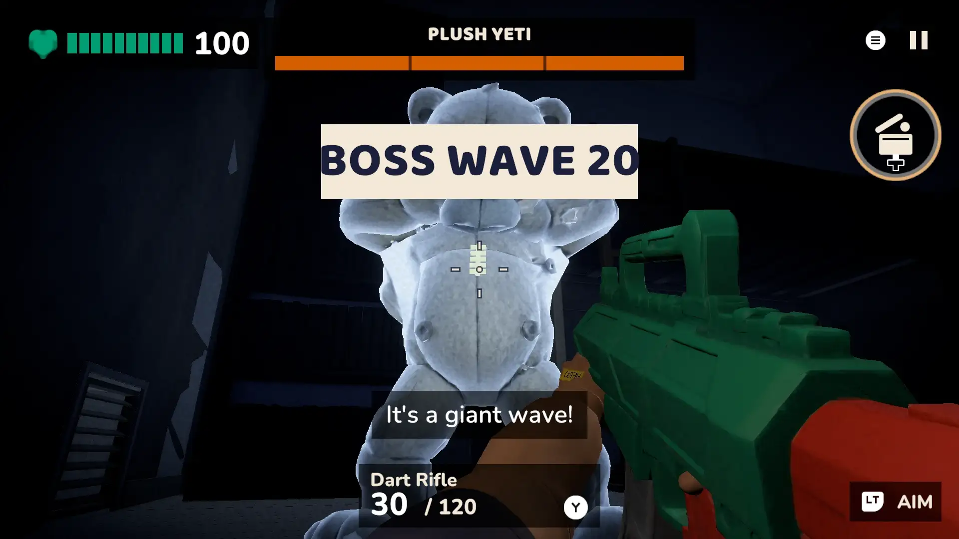 Boss wave 20 in the dark: Plush Yeti, with the subtitle “It's a giant wave!”.