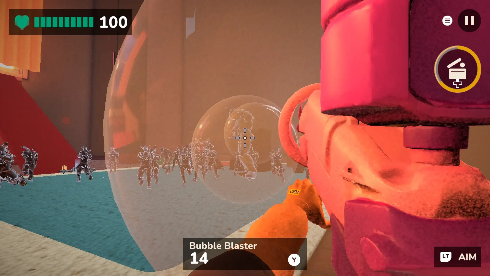 A zombie figure floats trapped in a giant bubble from the Bubble Blaster.