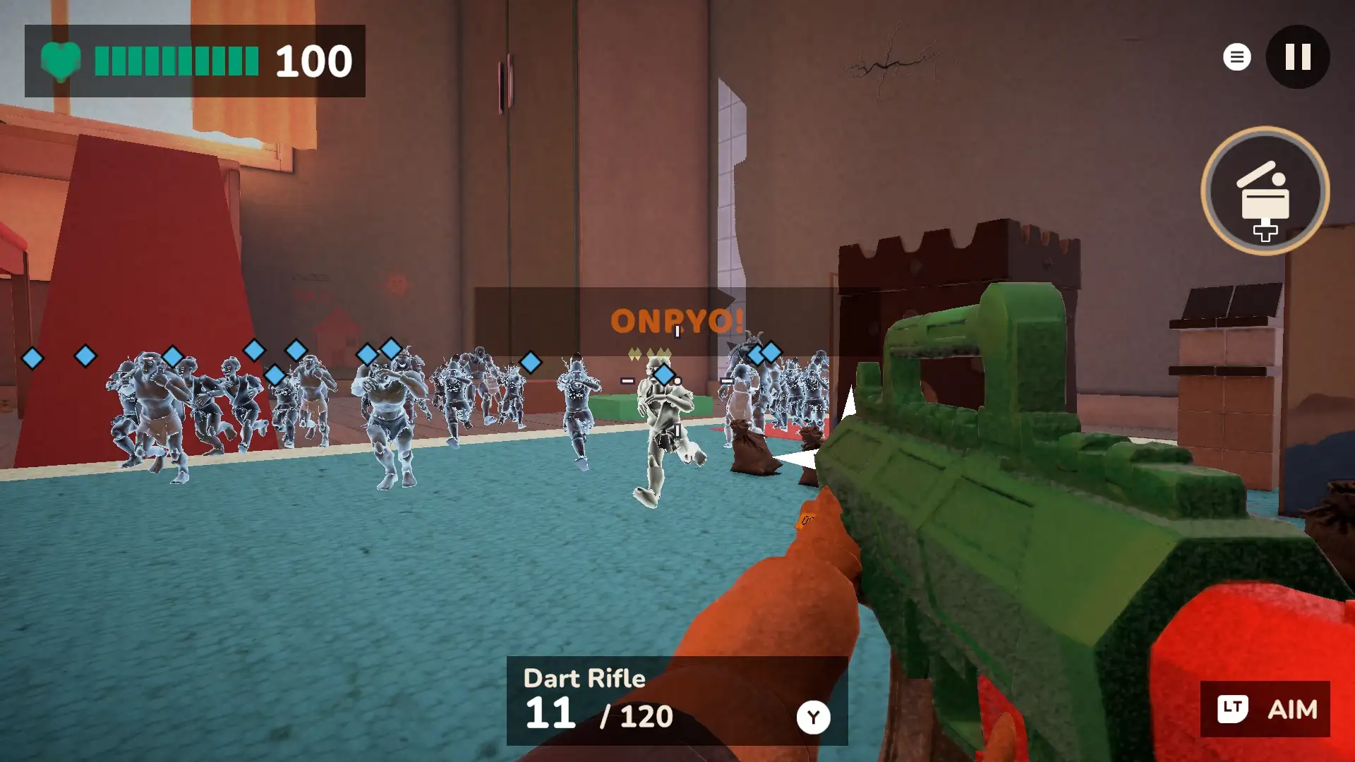 A horde of zombie toy figures charges across the bedroom rug at the player's dart rifle, an onryō among them.
