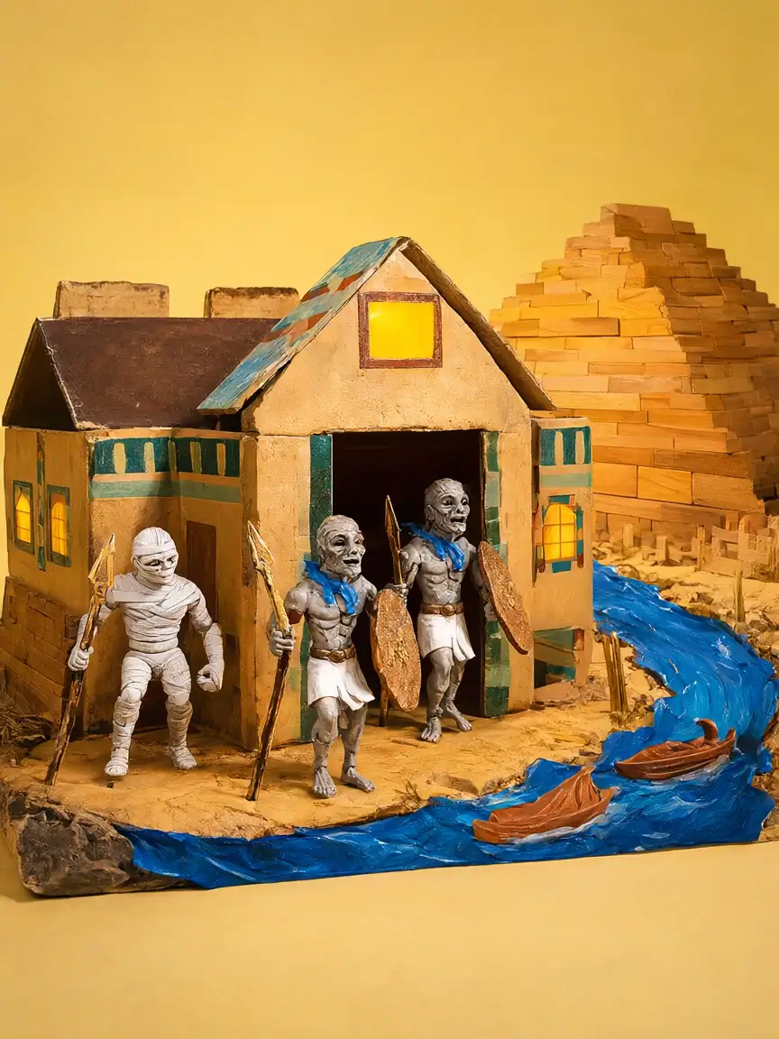 Box art: a toy mummy and shabti figures with spears leave a cardboard house beside a pyramid of wooden blocks and a paper river.