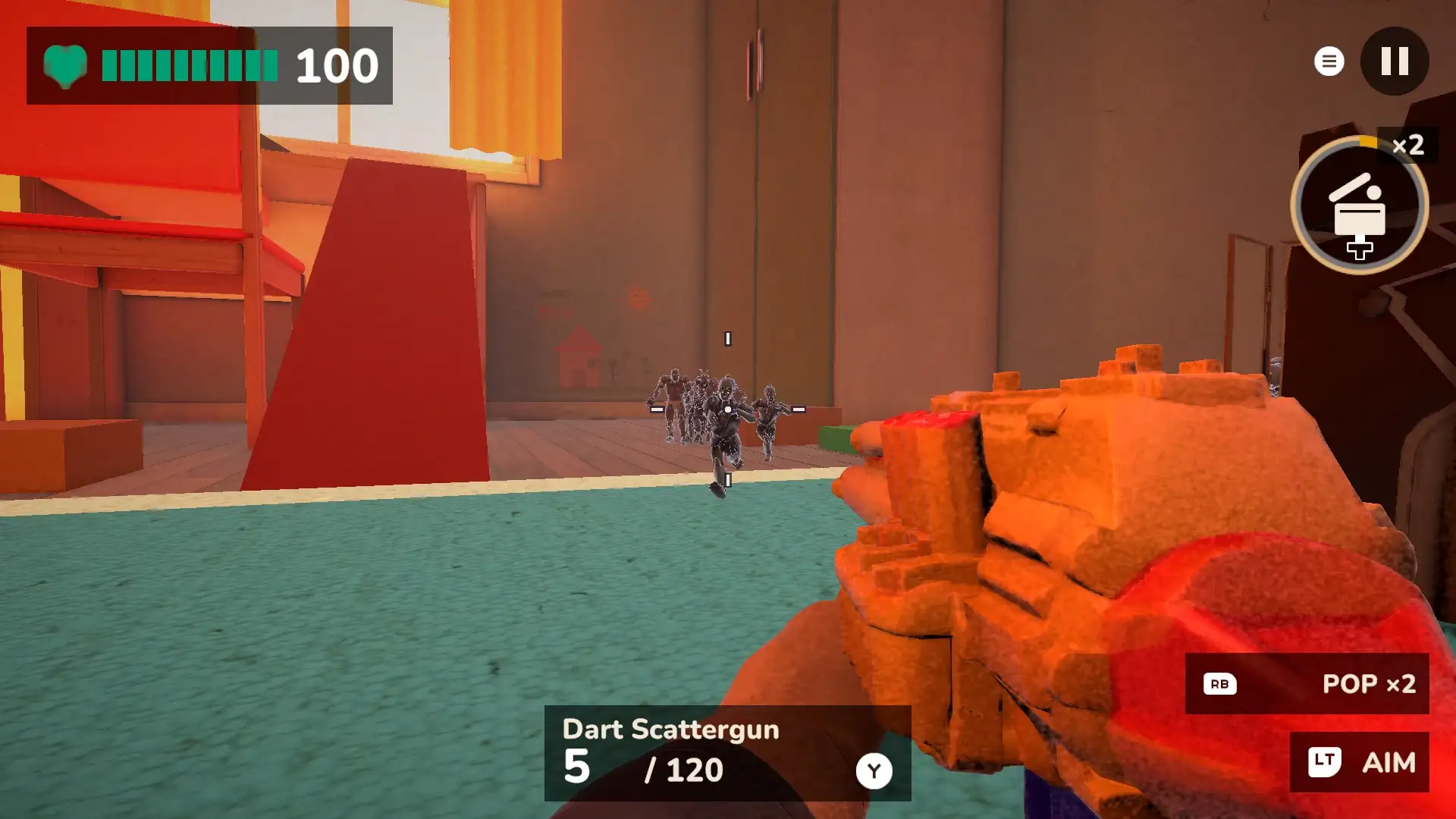 A dart scattergun raised at a group of zombie figures, with a party-popper grenade ready on the RB button.