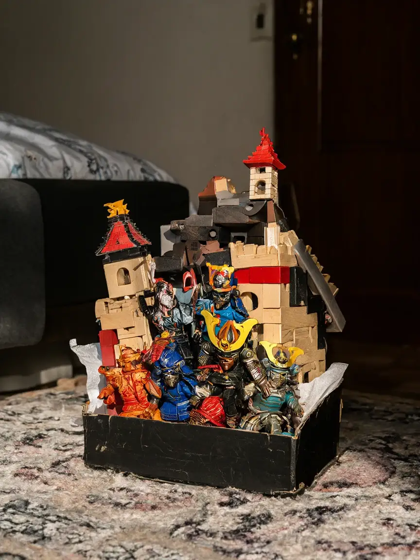 Box art: samurai-era zombie figures crowd a wooden-block castle in a toy box on a bedroom rug.
