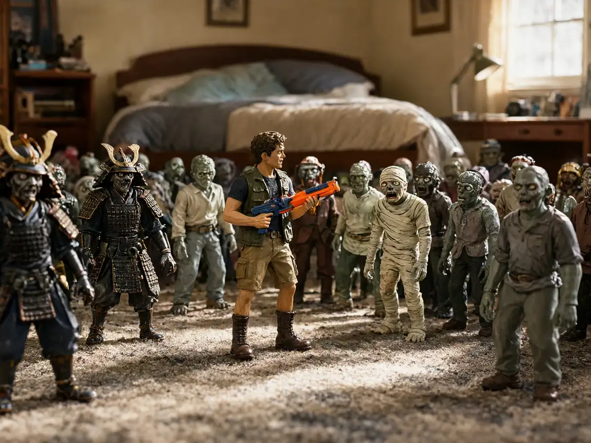Key art: a toy action figure with a foam-dart blaster stands on a bedroom carpet, surrounded by zombie action figures, samurai and a mummy among them.