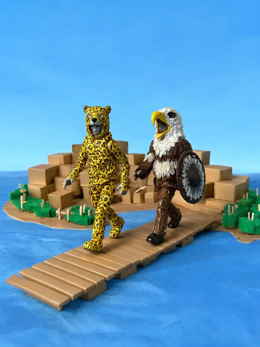 Box art: jaguar and eagle warrior figures cross a wooden causeway to an island of blocks on blue water.