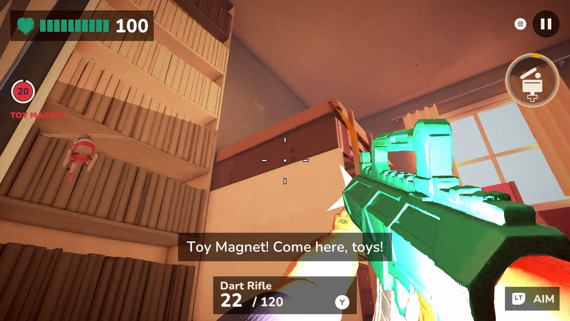 An RC helicopter hovers by the bookshelf as the Toy Magnet power-up pulls in the loot, with the subtitle “Toy Magnet! Come here, toys!”.