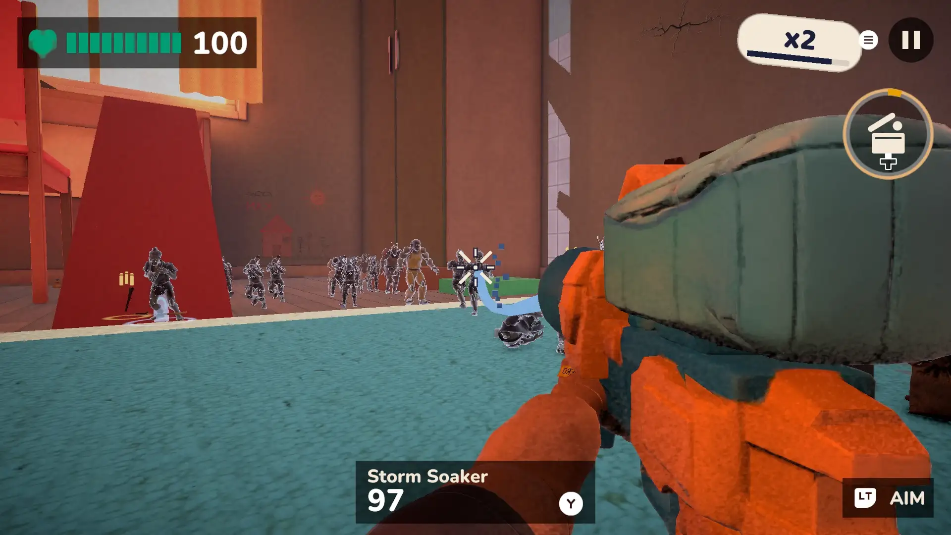 The Storm Soaker water cannon, built from parts, sprays a line of zombie figures in the bedroom.
