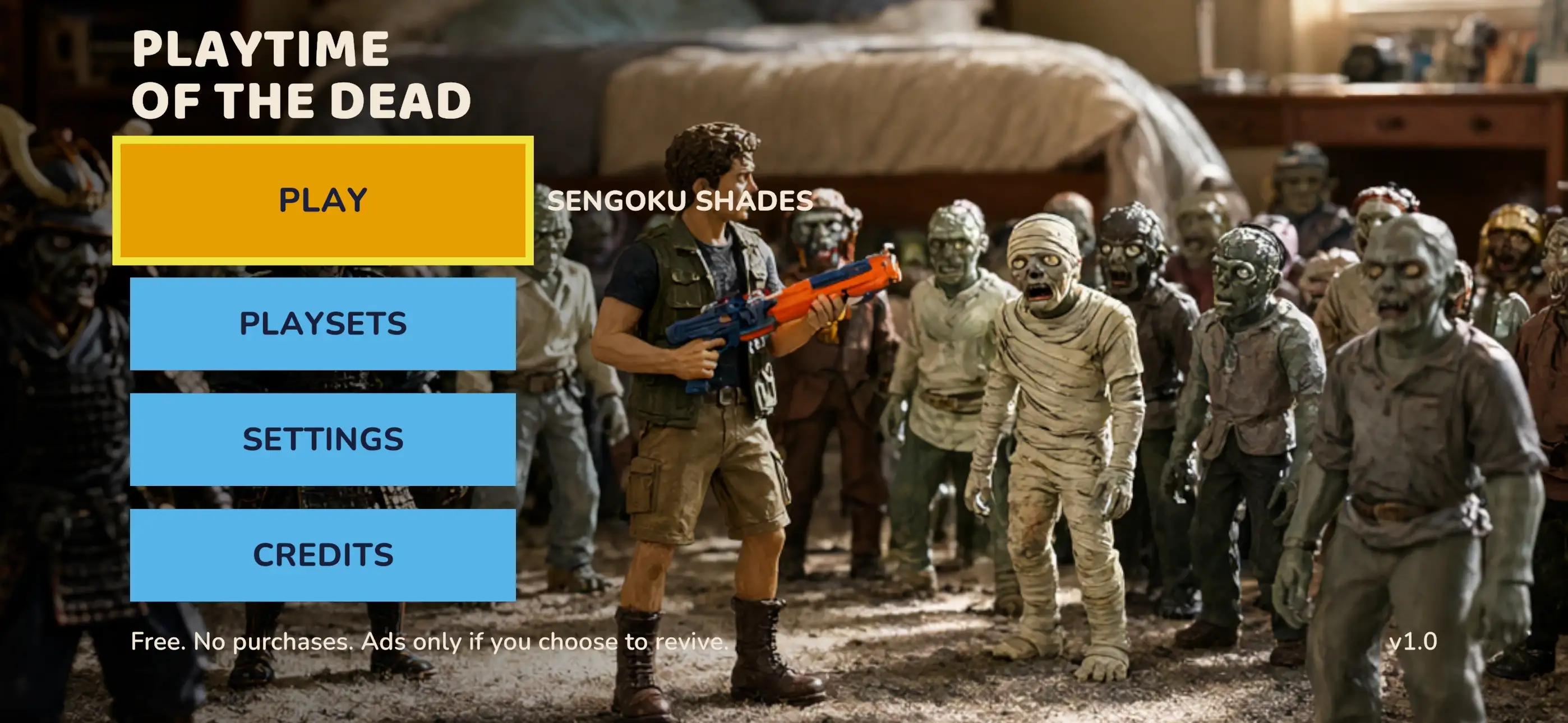 The title screen: the action figure hero with a foam-dart blaster faces a crowd of zombie figures, next to the Play, Playsets, Settings and Credits buttons.