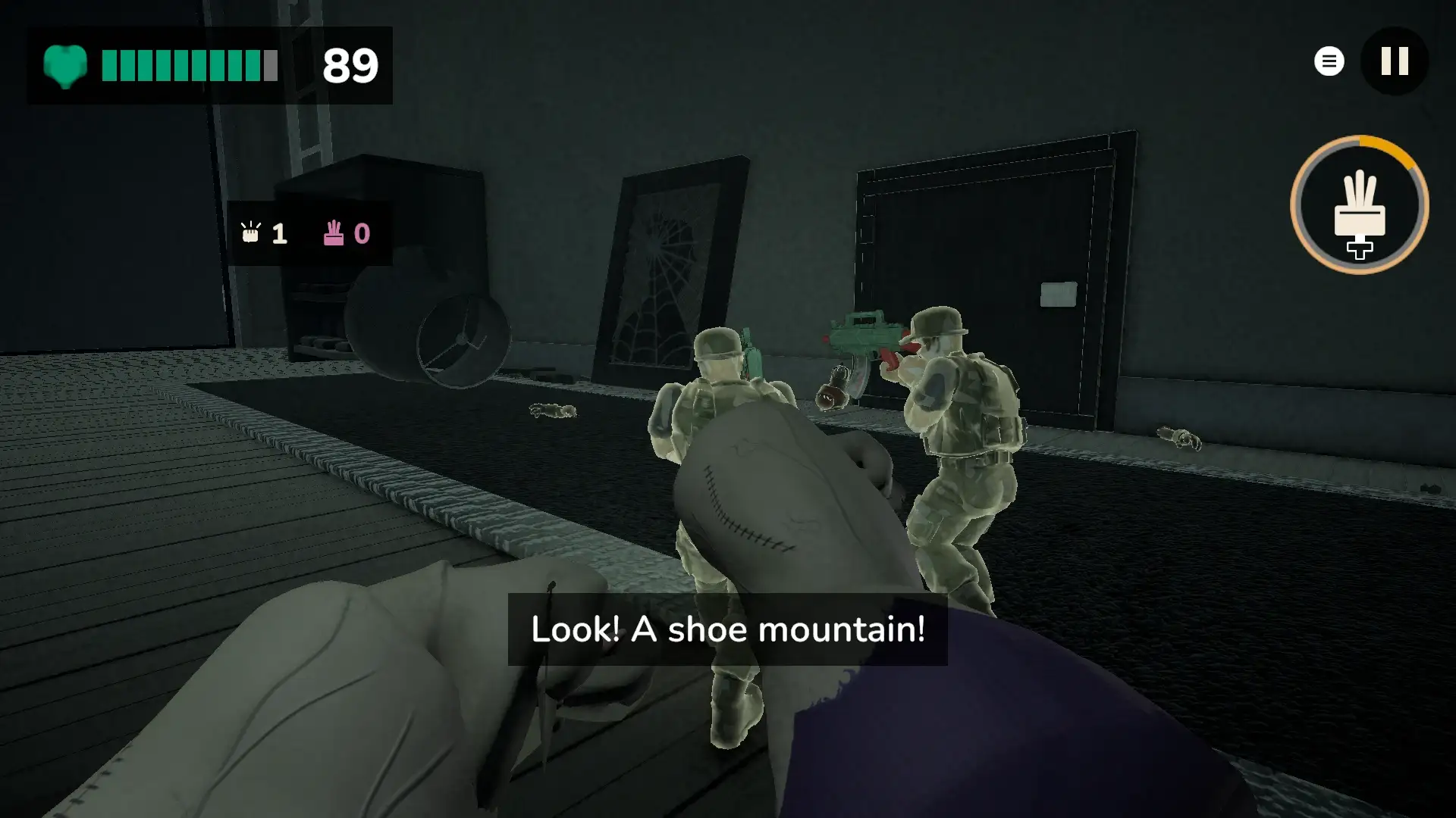 Zombie Hero mode at night: big zombie fists in the foreground as toy soldiers with blasters move in, with the subtitle “Look! A shoe mountain!”.